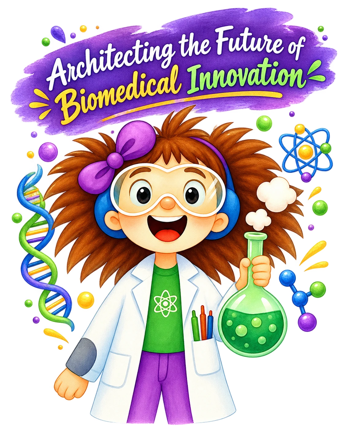Illustration of a young scientist holding a flask, under the words Architecting the Future of Biomedical Innovation